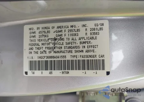 2008 Honda Accord 3.5 Ex-L из США, поврежденный, VIN 1HGCP36888A041555